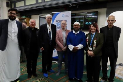 Guests enjoy the Open Day hosted by Southport Islamic Society Mosque. Pictured are (from left: Nadeem Ashfaq (Light Foundation); Holy Family Church Parish Priest Father Kevin McLoughlin; Lord Lieutenant of Merseyside Mark Blundell; Southport MP Patrick Hurley; Imam Ibrahim Hussein; Southport Hospital Chaplain Jan Fraser; and Southport and District Reform Synagogue Chair Dr Selwyn Goldthorpe. Photo by Andrew Brown Stand Up For Southport