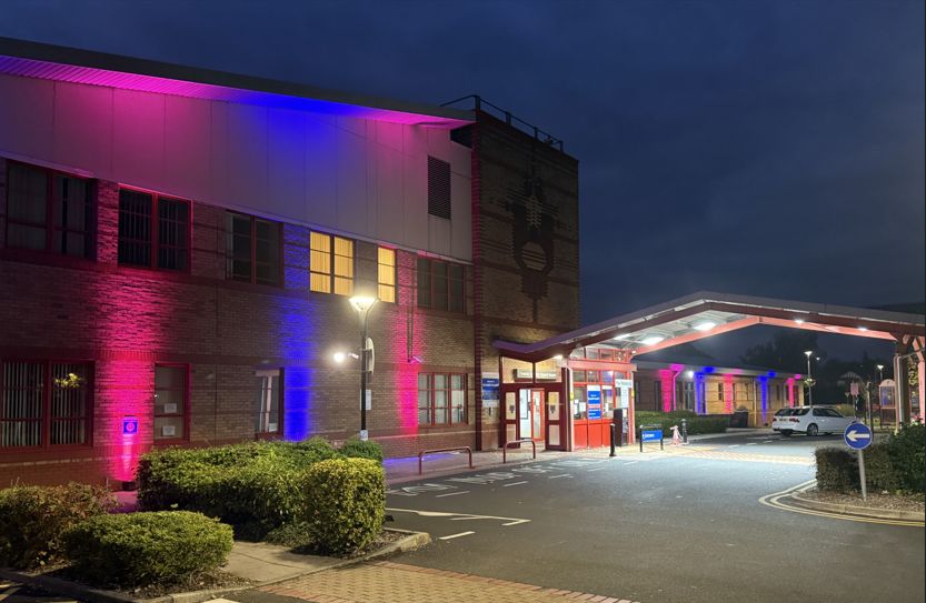 Ormskirk Hospital is lit up pink and blue to mark Baby Loss Awareness Week