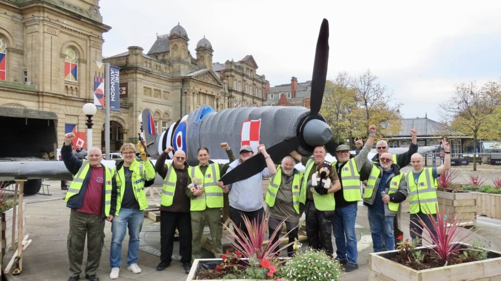 A new life-size Spitfire made from crochet has been installed in the Town Hall Gardens on Lord Street in Southport. The artwork has been created by Southport Royal British Legion, Southport Hookers, Merseyside Polonia and others. Photo by Andrew Brown Stand Up For Southport