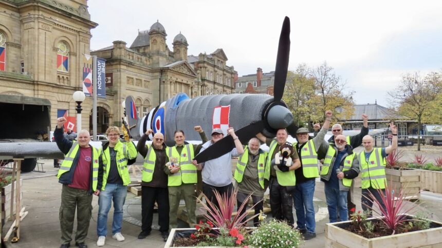 A new life-size Spitfire made from crochet has been installed in the Town Hall Gardens on Lord Street in Southport. The artwork has been created by Southport Royal British Legion, Southport Hookers, Merseyside Polonia and others. Photo by Andrew Brown Stand Up For Southport