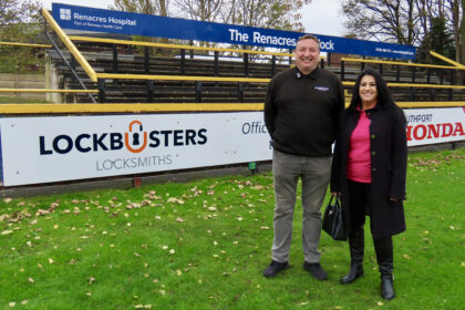 Owners of Lockbusters Locksmiths in Southport Shaun and Lynn Huyton have signed up as sponsors at Southport Football Club. Photo by Andrew Brown Stand Up For Southport