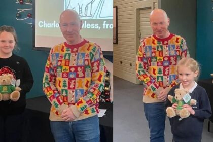 Southport MP Patrick Hurley with winners of the Southport Christmas card competition Charlotte Lawless (left) and Sophie Grant (right)