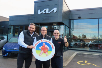 Marc Goodwin, General Sales Manager at Halliwell Jones Kia Southpor (left); Aidan Williams, Halliwell Jones Marketing Manager (centre); and Southport Comedy Festival director Brendan Riley (right). Photo by Andrew Brown Stand Up For Southport