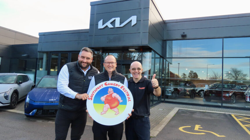 Marc Goodwin, General Sales Manager at Halliwell Jones Kia Southpor (left); Aidan Williams, Halliwell Jones Marketing Manager (centre); and Southport Comedy Festival director Brendan Riley (right). Photo by Andrew Brown Stand Up For Southport