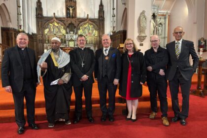 Southport's Interfaith Annual Lecture. Pictured left to right at the event are: Father Kevin McLoughlin, Imam Ibrahim Hussain, Archbishop of Liverpool, The Most Reverend John Sherrington, Deputy Lord Lieutenant Dr Crispin Pailing MBE, Debbie Fullwood, Southports Interfaith Group chairperson, The Member of Parliament for Southport, Patrick Hurley and Dr Selwyn Goldthorpe, who is the Chairman of Southport & District Reform Synagogue and Secretary to the Southport Interfaith Grou