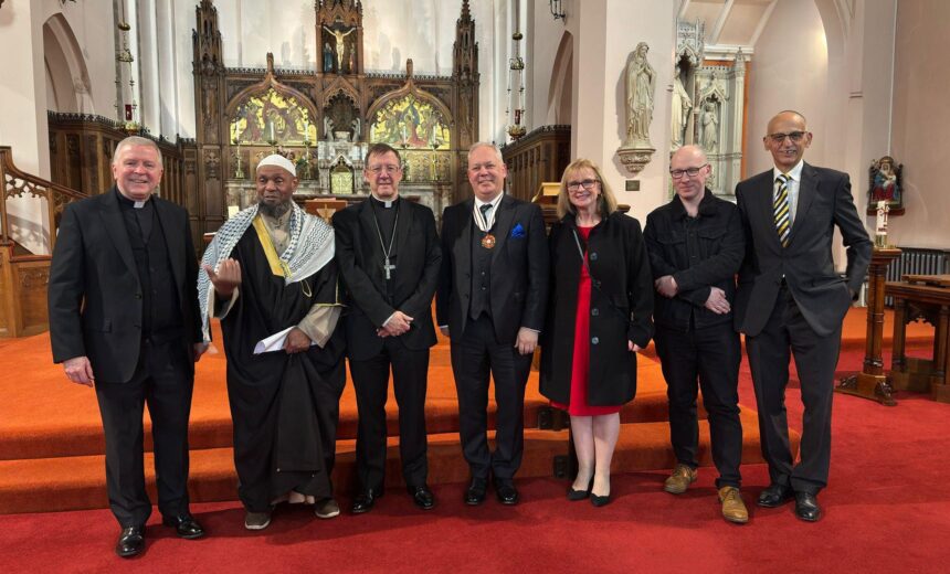 Southport's Interfaith Annual Lecture. Pictured left to right at the event are: Father Kevin McLoughlin, Imam Ibrahim Hussain, Archbishop of Liverpool, The Most Reverend John Sherrington, Deputy Lord Lieutenant Dr Crispin Pailing MBE, Debbie Fullwood, Southports Interfaith Group chairperson, The Member of Parliament for Southport, Patrick Hurley and Dr Selwyn Goldthorpe, who is the Chairman of Southport & District Reform Synagogue and Secretary to the Southport Interfaith Grou