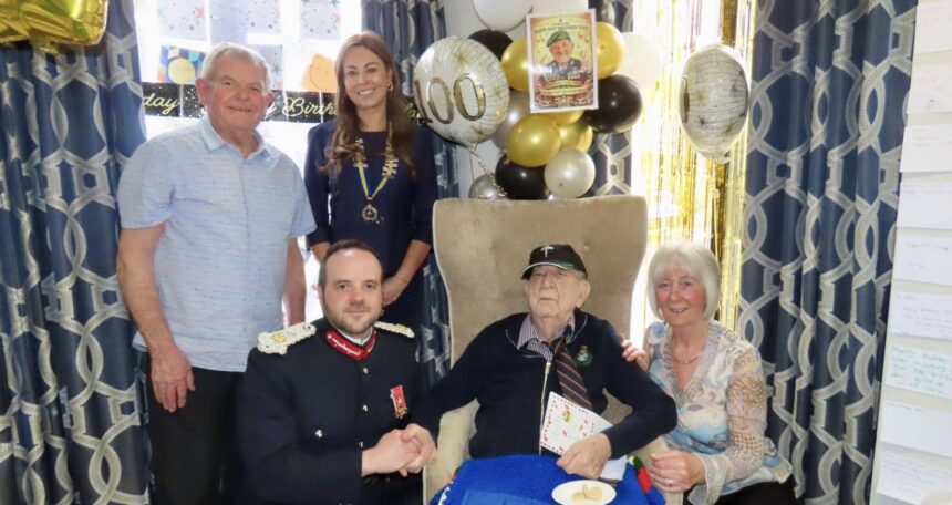 Former Royal Marine Stan Woolley has celebrated his 100th birthday at Ivy Gate Lodge Care Home in Southport. Guests included Merseyside Lord Lieutenant Peter Oliver OBE and Southport Royal British Legion President Serena Silcock-Prince, pictured with Stan's niece Jackie Ryan and her husband George. Photo by Andrew Brown Stand Up For Southport