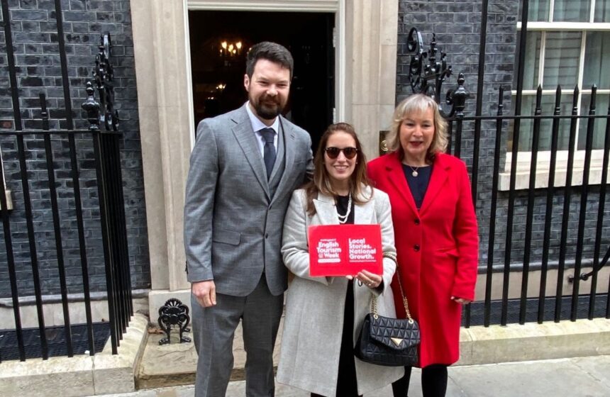 Anthony and Larissa Duffey, owners of Sunnyside Guest House in Southport, outside 10 Downing Street in London with Patricia Yates, CEO of VisitEngland
