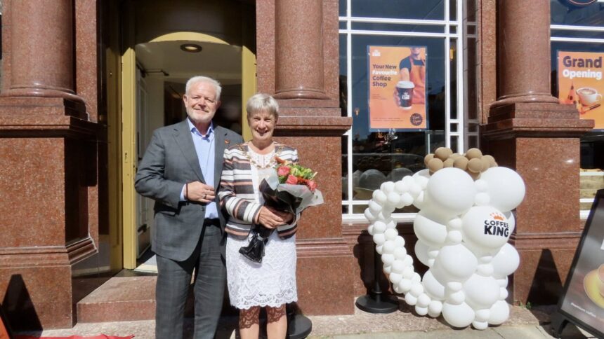 The new Coffee King has opened on Lord Street in Southport town centre. Coffee King CEO Sean Le Tissier with Mayor of Sefton Cllr June Burns. Photo by Andrew Brown Stand Up For Southport
