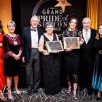 The Grand Pride Of Sefton Awards at The Grand in Southport. The Main Award was won by Dr Karen Groves, the Founder of Queenscourt Hospice (fourth left), pictured with husband John Moffat (third left). Queenscourt Hospice Fundraising Manager Liz Hartley (fifth left) won the Community Impact Award. Also pictured are (from left): Serena Silcock-Prince; Mayor of Sefton Cllr June Burns; Pride Of Sefton Awards co-organisers Andrew Brown and Claire Brown (Stand Up For Southport). Photo by Kevin Brown Photography