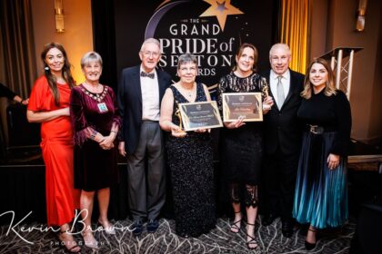 The Grand Pride Of Sefton Awards at The Grand in Southport. The Main Award was won by Dr Karen Groves, the Founder of Queenscourt Hospice (fourth left), pictured with husband John Moffat (third left). Queenscourt Hospice Fundraising Manager Liz Hartley (fifth left) won the Community Impact Award. Also pictured are (from left): Serena Silcock-Prince; Mayor of Sefton Cllr June Burns; Pride Of Sefton Awards co-organisers Andrew Brown and Claire Brown (Stand Up For Southport). Photo by Kevin Brown Photography