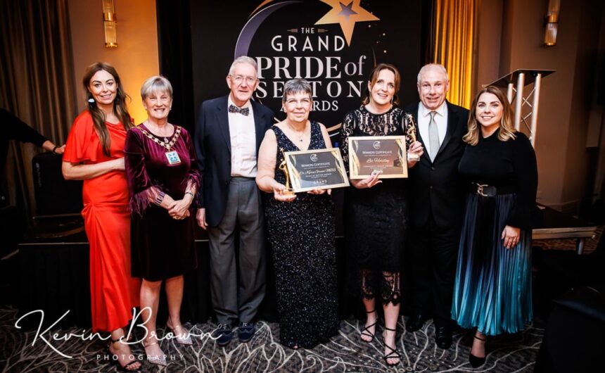 The Grand Pride Of Sefton Awards at The Grand in Southport. The Main Award was won by Dr Karen Groves, the Founder of Queenscourt Hospice (fourth left), pictured with husband John Moffat (third left). Queenscourt Hospice Fundraising Manager Liz Hartley (fifth left) won the Community Impact Award. Also pictured are (from left): Serena Silcock-Prince; Mayor of Sefton Cllr June Burns; Pride Of Sefton Awards co-organisers Andrew Brown and Claire Brown (Stand Up For Southport). Photo by Kevin Brown Photography
