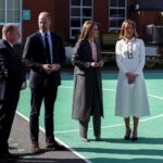 The Prince and Princess of Wales during a visit the Churchtown Primary School in Southport to see the new commemorative playground that has been created to honour former pupils Bebe King and Alice da Silva Aguiar. The Prince and Princess viewed the new playground which has been created to serve as a joyful, healing space for the schools pupils. Jinnie Payne, Headteacher at Churchtown Pirmary (right) is pictured with David Clayton, CEO of the Endeavour Learning Trust (left) and Their Royal Highnesses the Prince and Princess of Wales. Credit: Kensington Palace