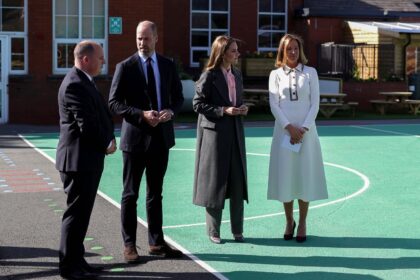 The Prince and Princess of Wales during a visit the Churchtown Primary School in Southport to see the new commemorative playground that has been created to honour former pupils Bebe King and Alice da Silva Aguiar. The Prince and Princess viewed the new playground which has been created to serve as a joyful, healing space for the schools pupils. Jinnie Payne, Headteacher at Churchtown Pirmary (right) is pictured with David Clayton, CEO of the Endeavour Learning Trust (left) and Their Royal Highnesses the Prince and Princess of Wales. Credit: Kensington Palace