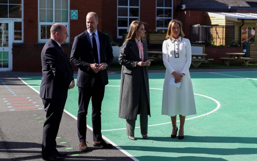 The Prince and Princess of Wales during a visit the Churchtown Primary School in Southport to see the new commemorative playground that has been created to honour former pupils Bebe King and Alice da Silva Aguiar. The Prince and Princess viewed the new playground which has been created to serve as a joyful, healing space for the schools pupils. Jinnie Payne, Headteacher at Churchtown Pirmary (right) is pictured with David Clayton, CEO of the Endeavour Learning Trust (left) and Their Royal Highnesses the Prince and Princess of Wales. Credit: Kensington Palace