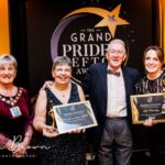 Dr Karen Groves MBE (second left) the founder of Queenscourt Hospice with the Main Grand Pride Of Sefton Award sponsored by Mikhail Hotel And Leisure Group. She is pictured alongside Mayor of Seftohn Cllr June Burns (left); husband John Moffat (third left); and Queenscourt Fundraising manager Liz Hartley (right) who won the Community Impact Award. Photo by Kevin Brown Photography