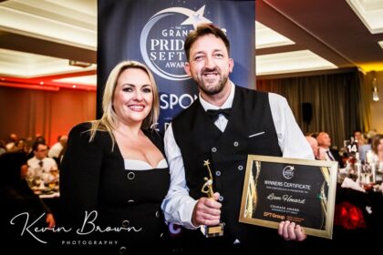 Liam Howard won the Sefton Courage Award sponsored by EFT Group at the 2026 Grand Pride Of Sefton Awards. The award was presented by EFT Group HR Director Kyla Watts. Photo by Kevin Brown Photography