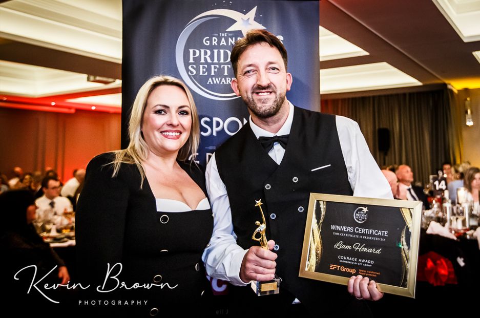Liam Howard won the Sefton Courage Award sponsored by EFT Group at the 2026 Grand Pride Of Sefton Awards. The award was presented by EFT Group HR Director Kyla Watts. Photo by Kevin Brown Photography