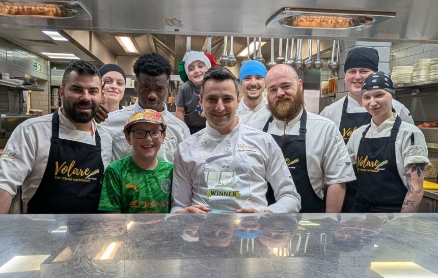 Jason Maimone (centre), the Head Chef at Volare Restaurant in Southport, has won the title of Up & Coming Chef at the UK Italian Awards 2026 while Volare has won Highly Recommended in the Best Restaurant in North West of England category