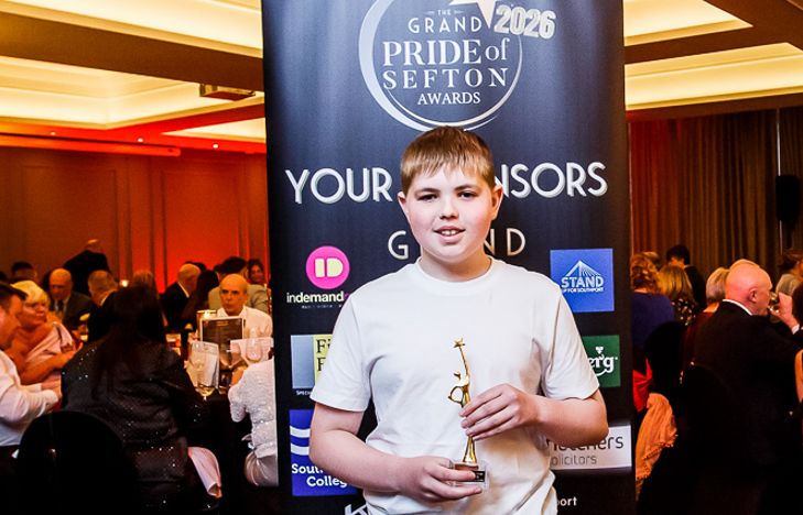 Harrison Dale won the Sefton Child Of Courage Award sponsored by Cooper Parry accountants at the 2026 Grand Pride of Sefton Awards. Photo by Kevin Brown Photography