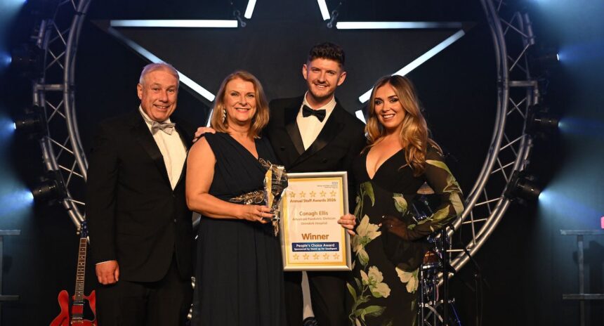Ormskirk Hospital childrens specialist Conagh Ellis (third left) is presented with the Stand Up for Southport Peoples Choice Award at the Mersey and West Lancashire Teaching Hospitals NHS Trust staff awards by Stand Up For Southport founder Andrew Brown (left), ITV Granada Reports presenter Ann O'Connor (second left) and ITV Granada Reports presenter Zoe Muldoon (right). Photo by Dave Nelson Photography