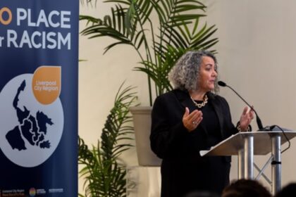 Alison Navarro, Liverpool City Region Race Equality Hub Programme Director , speaking at the launch of the Liverpool City Region Anti-Racism Strategy