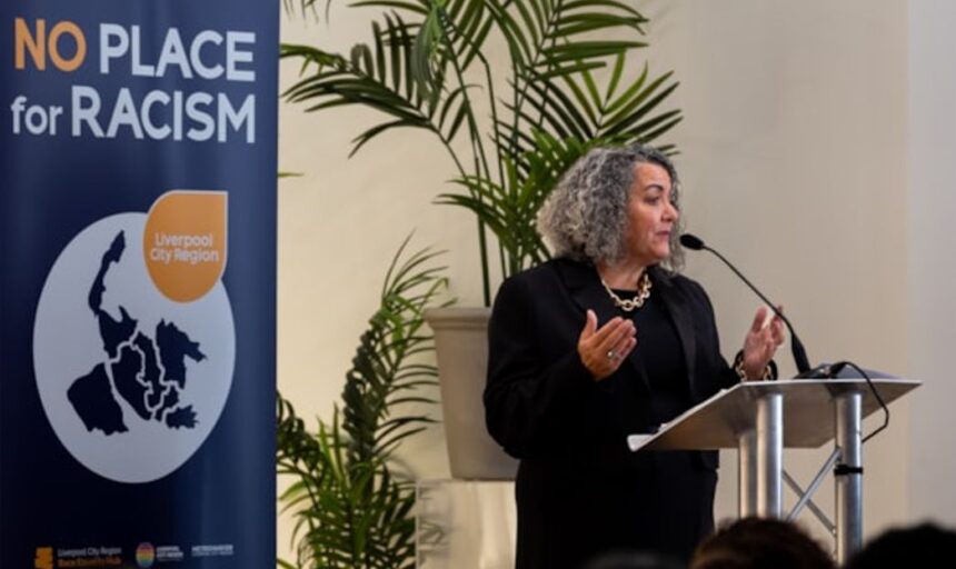 Alison Navarro, Liverpool City Region Race Equality Hub Programme Director , speaking at the launch of the Liverpool City Region Anti-Racism Strategy