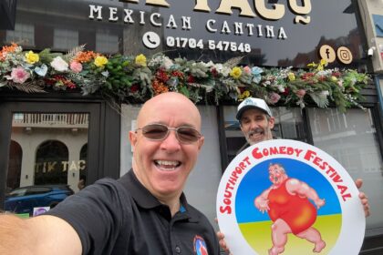 Tik Taco is the catering partner and a sponsor at Southport Comedy Festival. Festival Director Brendan Riley with Tik Taco owner Anyhony Greenland. Photo by Andrew Brown Stand Up For Southport