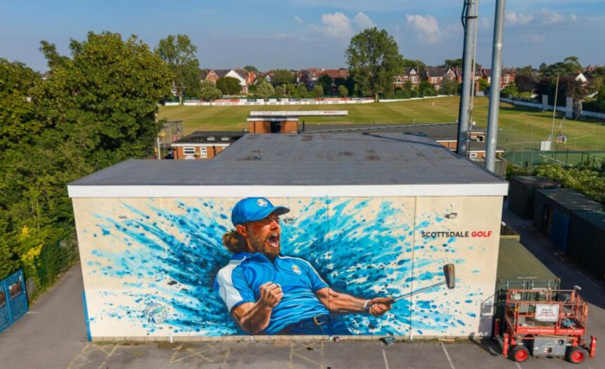 A new mural of Southport golfer Tommy Fleetwood has been created at Southport and Birkdale Sports Club in Southport. The mural has been created by Paul Curtis Artwork and has been commissioned by Scottsdale Golf. Photo by Angus Matheson of Wainwright & Matheson Photography