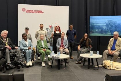 BACK ROW l-r: Terri Balon, Regional Campaigns Officer, RNIB, Chris Massam  Accessibility Lead, Everton Football Club Stadium, Niamh Parrington  Visitor Experience Manager, Eureka!, Rio Boothe  Para-athlete and Content Creator. FRONT ROW: Lord Mayor of Liverpool, Councillor William Shortall, Ade Adepitan MBE  Paralympian and broadcaster (Host), Clare Briegal MBE  Chair of Sport Liverpool and sports representative for the LCRDP Board, Ross Calladine  Accessibility and Inclusion Lead, VisitEngland, Amy Truesdale MBE  Paralympic Taekwondo Champion, David Clarke OBE, PLY  CEO ParalympicsGB