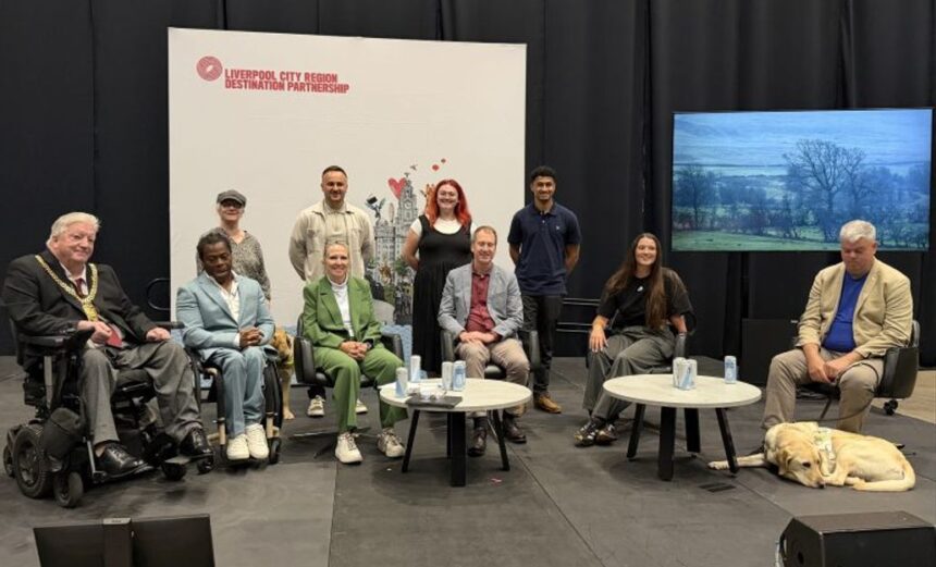 BACK ROW l-r: Terri Balon, Regional Campaigns Officer, RNIB, Chris Massam  Accessibility Lead, Everton Football Club Stadium, Niamh Parrington  Visitor Experience Manager, Eureka!, Rio Boothe  Para-athlete and Content Creator. FRONT ROW: Lord Mayor of Liverpool, Councillor William Shortall, Ade Adepitan MBE  Paralympian and broadcaster (Host), Clare Briegal MBE  Chair of Sport Liverpool and sports representative for the LCRDP Board, Ross Calladine  Accessibility and Inclusion Lead, VisitEngland, Amy Truesdale MBE  Paralympic Taekwondo Champion, David Clarke OBE, PLY  CEO ParalympicsGB
