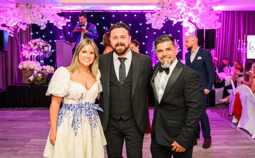 Guests came together to raise over £17,000 at Alice's WonderDance Gala in Southport. Sergio and Alexandra Aguiar with Ray Quinn. Photo by Ian Lawson Photography
