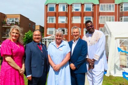 Residents, families and guests enjoyed the 50th birthday celebrations at Connell Court care home in Birkdale in Southport. From left: Kerry Berrisford; Merseyside Deputy Lieutenant Billy Hui BEM; Connell Court Home Manager Anna Harvey; Crestview Care Director James Guy; and Liverpool Commonwealth Association Chair Dr Garth Dallas. Photo by Andrew Brown Stand Up For Southport