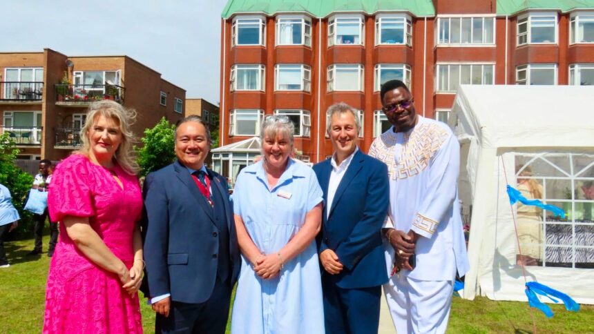 Residents, families and guests enjoyed the 50th birthday celebrations at Connell Court care home in Birkdale in Southport. From left: Kerry Berrisford; Merseyside Deputy Lieutenant Billy Hui BEM; Connell Court Home Manager Anna Harvey; Crestview Care Director James Guy; and Liverpool Commonwealth Association Chair Dr Garth Dallas. Photo by Andrew Brown Stand Up For Southport