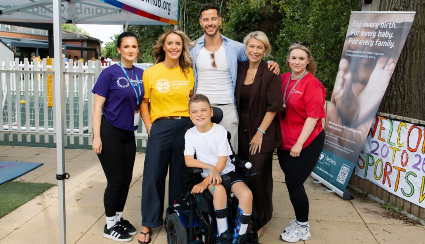 From left are Esme (Rainbow Hub) Emma Parish (Rainbow Hub) Scott Thomas, Kirsty Thomas Horton (Fletchers) and Sarah (Rainbow Hub) with Cole (front)
