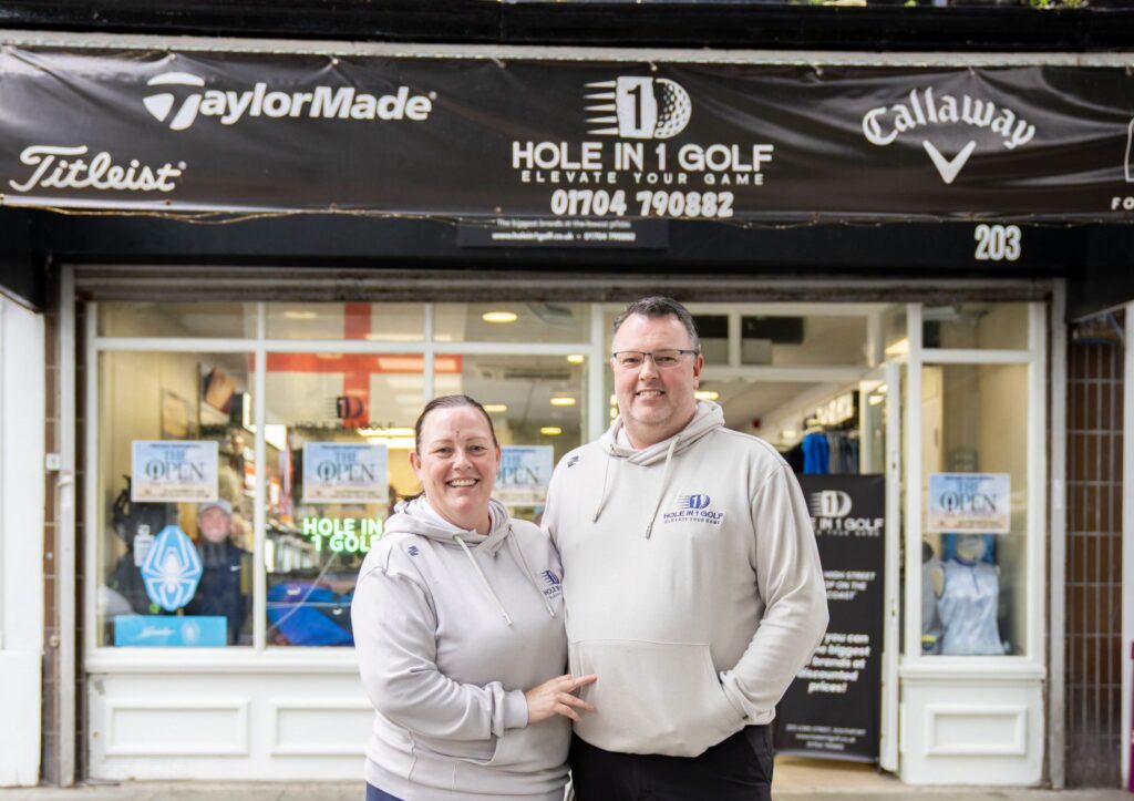 The Hole In 1 Golf shop on Lord Street in Southport, owned by Glyn and Lisa Richards and son, Max, is all set for The 154th Open Golf Championship coming to Southport. Photo by Bertie Cunningham Southport BID