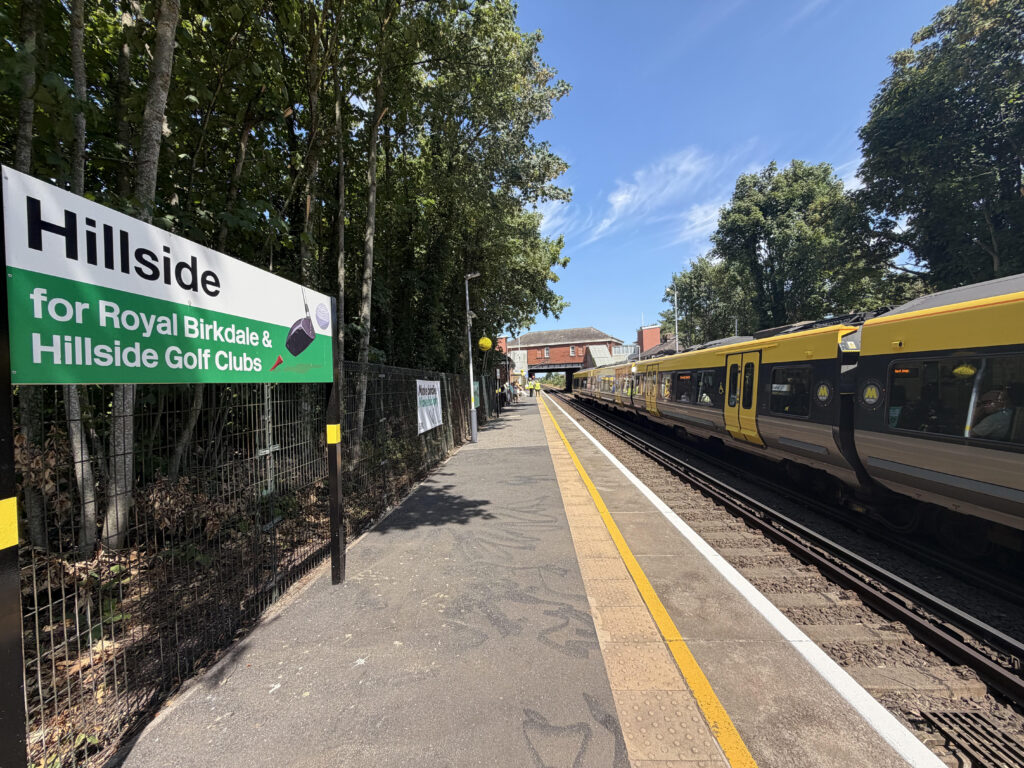 A Merseyrail train at Hillside Railway Station in Southport as visitors arrive to enjoy The Open Golf championship at Royal Birkdale Golf Club. Photo by Andrew Brown Stand Up For Southport