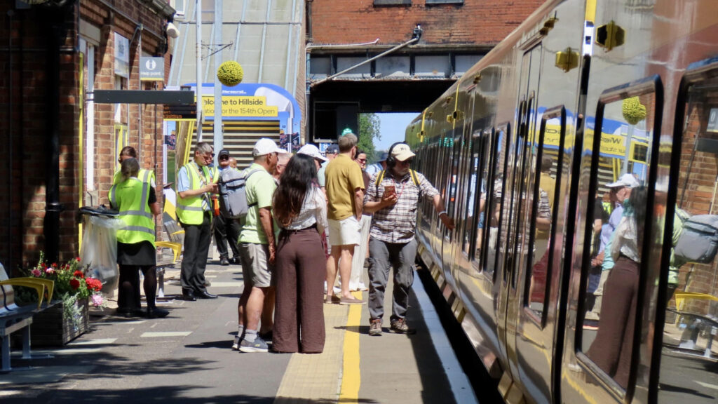 A Merseyrail train at Hillside Railway Station in Southport as visitors arrive to enjoy The Open Golf championship at Royal Birkdale Golf Club. Photo by Andrew Brown Stand Up For Southport
