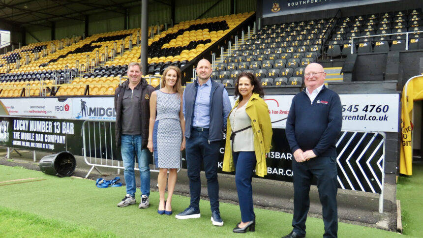 Michelle and Mark Foster (Bear Roofing Ltd), Bhagavi Podichetty (Podichetty Financial Planning), Scott Blundell (Southport FC) and Chris Harding (Birkdale Insurance) at Sandgrounders Business Club at Southport Football Club. Photo by Andrew Brown Stand Up For Southport