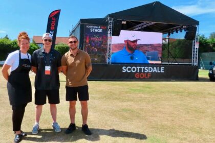 Crowds are once again expected to enjoy everything on offer at the free Scottsdale Golf Festival in Southport. Victoria Gottig, Bradley Stubbs and Mark Dilley. Photo by Andrew Brown Stand up For Southport