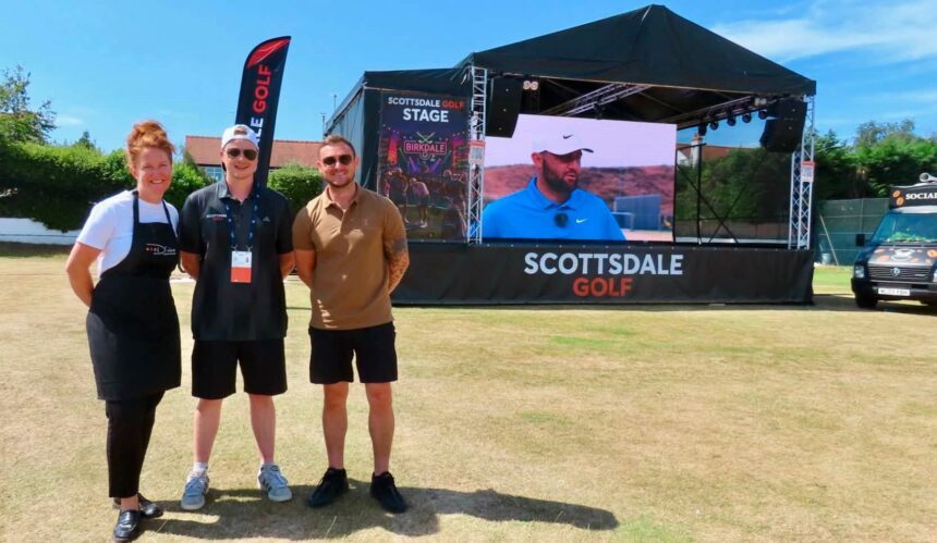 Crowds are once again expected to enjoy everything on offer at the free Scottsdale Golf Festival in Southport. Victoria Gottig, Bradley Stubbs and Mark Dilley. Photo by Andrew Brown Stand up For Southport