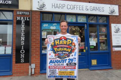 Nick McCoy the owner of HARP Coffee and Games is hosting the first Pokémon Card Show in Southport at Southport Market on Saturday, 29th August 2026. Photo by Andrew Brown Stand Up For Southport
