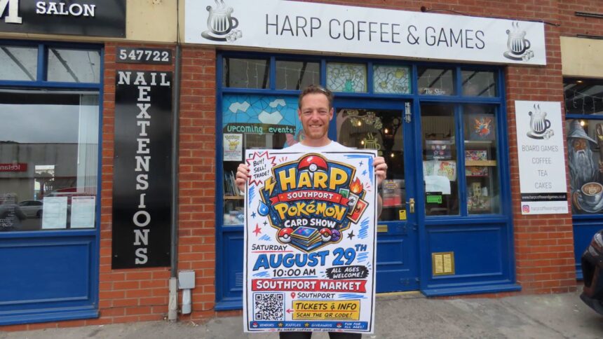 Nick McCoy the owner of HARP Coffee and Games is hosting the first Pokémon Card Show in Southport at Southport Market on Saturday, 29th August 2026. Photo by Andrew Brown Stand Up For Southport