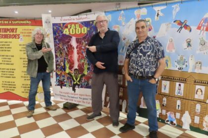 Southport Superheroes has been created by Tim Quinn (left) and John Savage (centre) with the mural designed by Neil Prior. Photo by Andrew Brown Stand Up For Southport