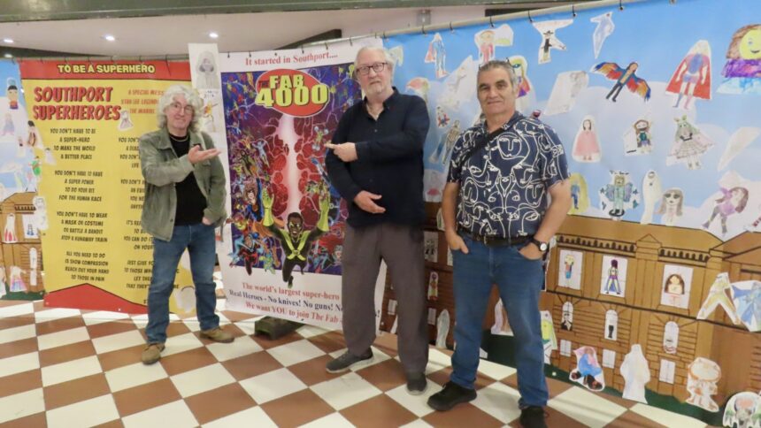 Southport Superheroes has been created by Tim Quinn (left) and John Savage (centre) with the mural designed by Neil Prior. Photo by Andrew Brown Stand Up For Southport