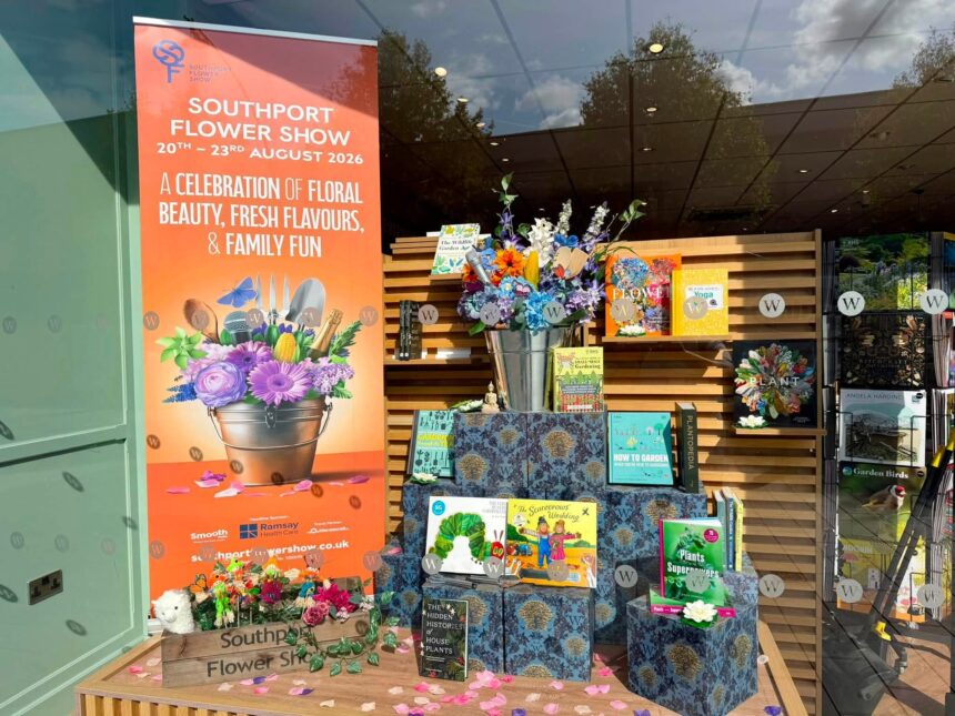 The Waterstones book in Southport has unveiled a Southport Flower Show window display. Photo by Andrew Brown Stand Up For Southport