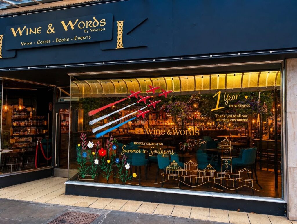 Window art by Caroline Ascroft from CA Interior Designs at Wine & Words by Watson on Lord Street in Southport