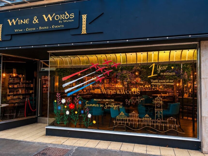 Window art by Caroline Ascroft from CA Interior Designs at Wine & Words by Watson on Lord Street in Southport