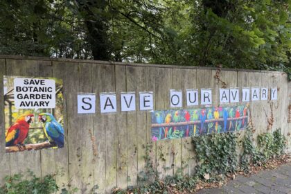 Posters and pictures in Churchtown calling for the Botanic Gardens Aviary to be saved. Photo by Andrew Brown Stand Up For Southport