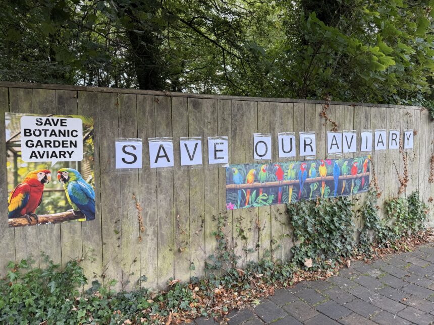 Posters and pictures in Churchtown calling for the Botanic Gardens Aviary to be saved. Photo by Andrew Brown Stand Up For Southport